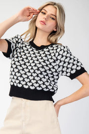 Love Is.... Heart Pattern Short Sleeve Sweater Knit Top