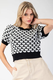 Love Is.... Heart Pattern Short Sleeve Sweater Knit Top