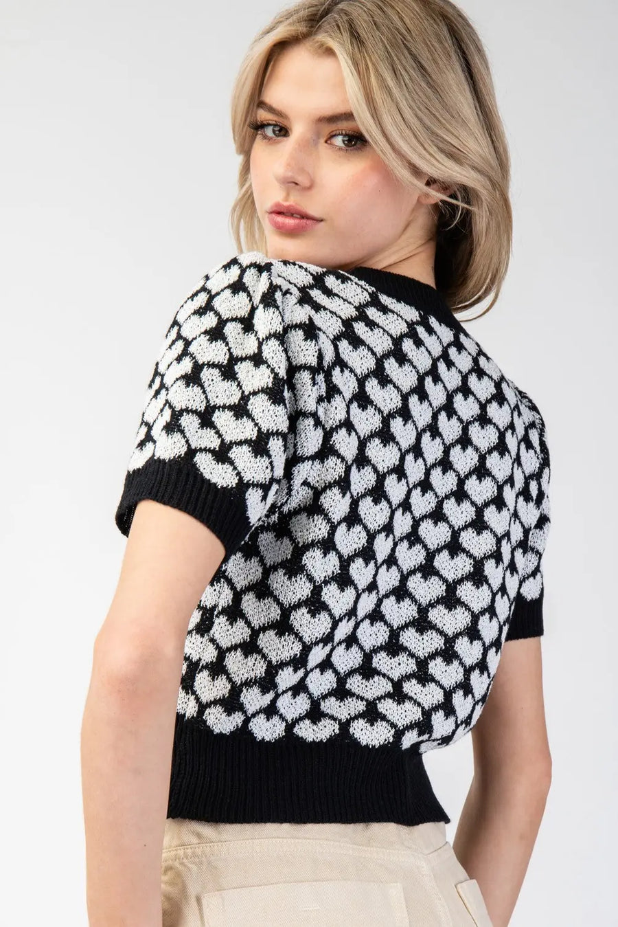 Love Is.... Heart Pattern Short Sleeve Sweater Knit Top