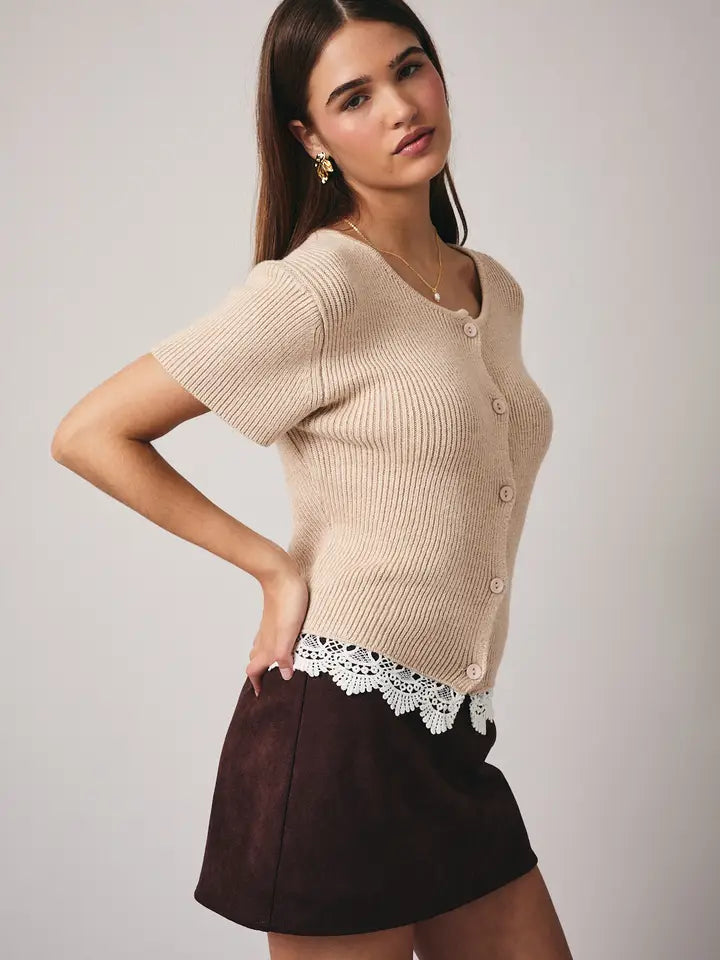 Lila Button Front Short Sleeve Lace Hem Sweater Top