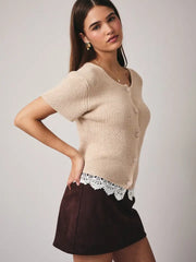 Lila Button Front Short Sleeve Lace Hem Sweater Top