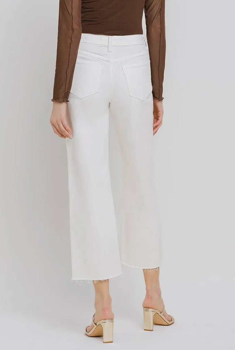 White Lies High Rise Crop Length Wide Leg White Denim Jeans