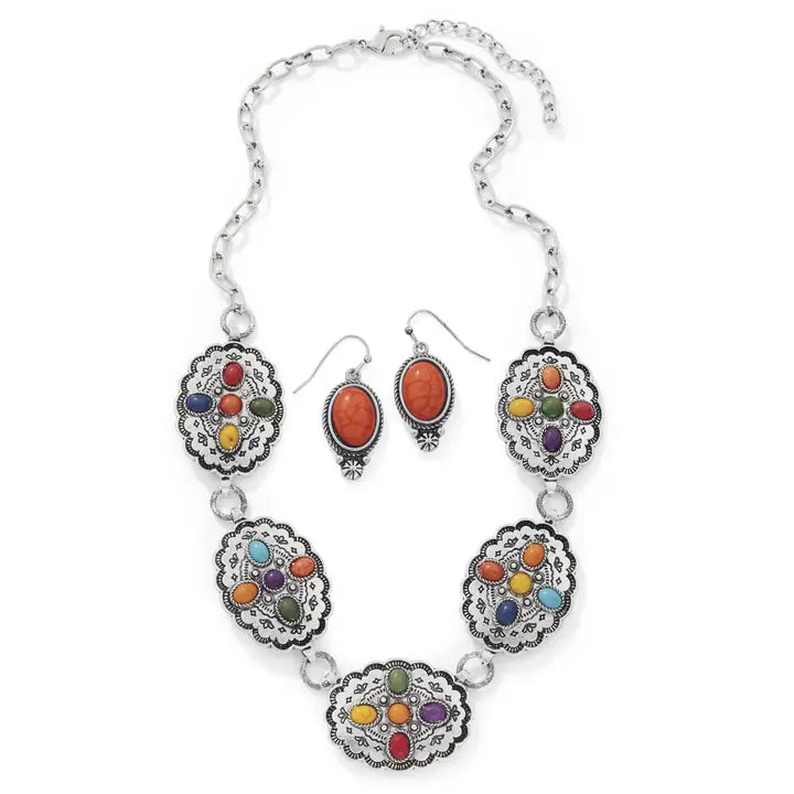 Multi Color Stone Concho Necklace & Earrings Set