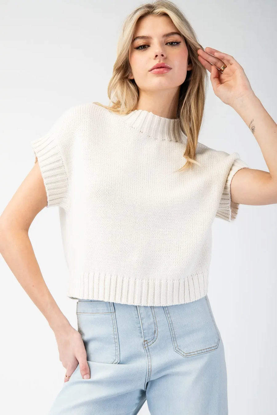 Addy Solid Short Sleeve Crop Sweater Top