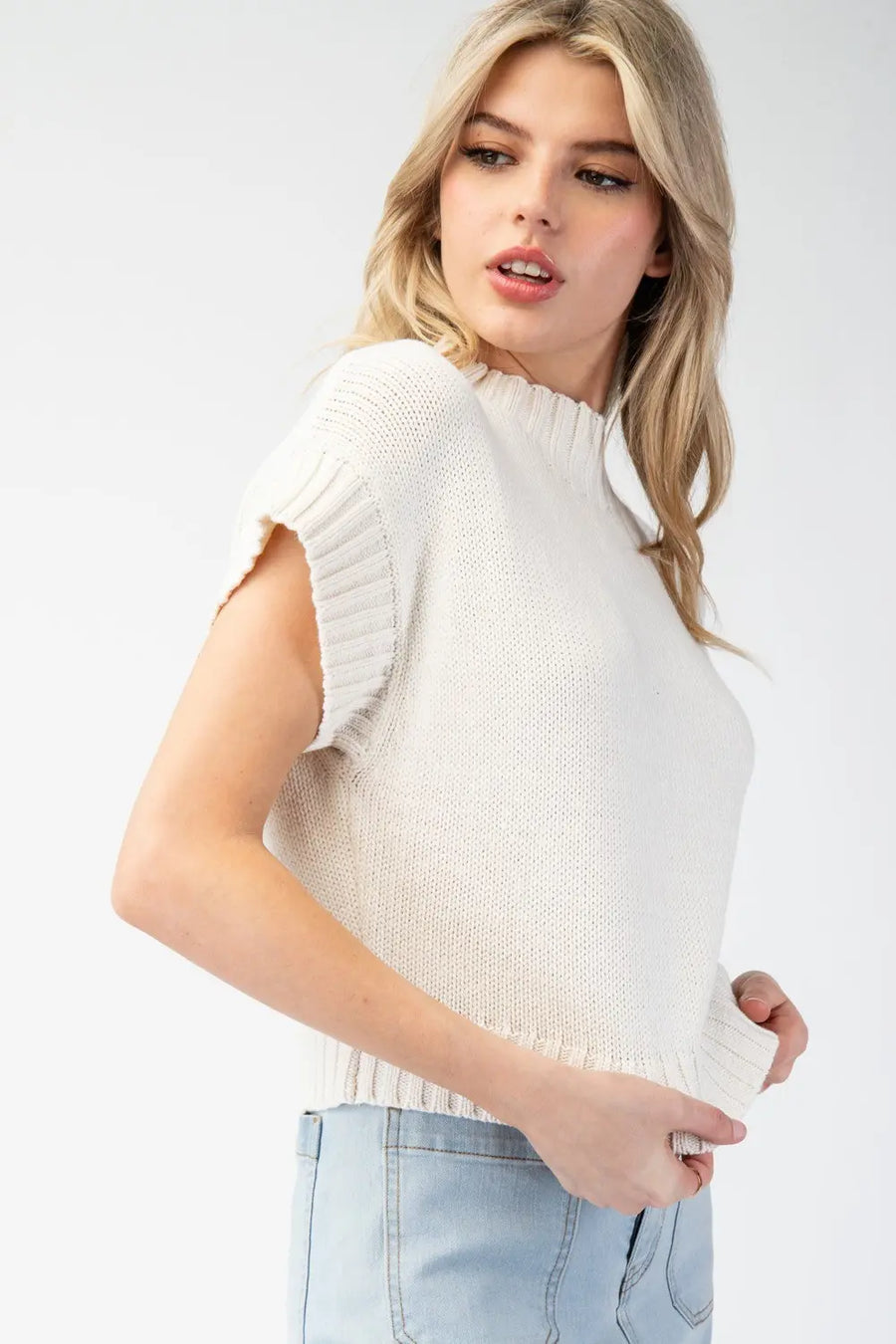 Addy Solid Short Sleeve Crop Sweater Top