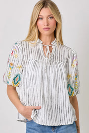 Sedona Embroidered Puff Sleeve Washed Cotton Gauze Top