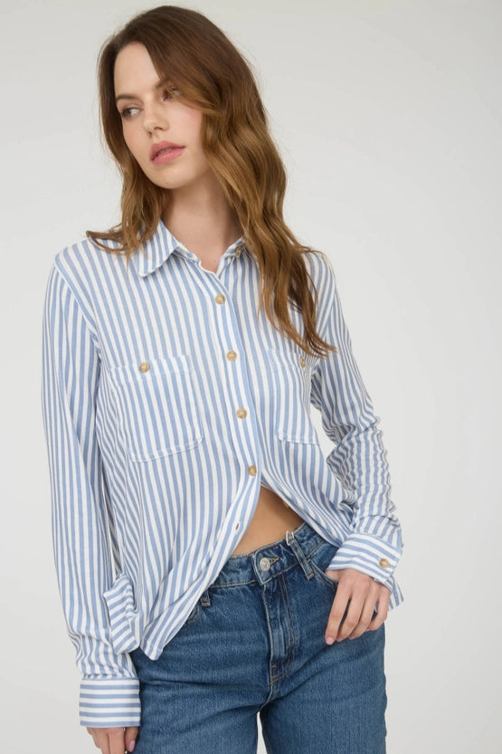 Toni Stripe Collared Long Sleeve Button Down Knit Shirt Blouse