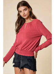 Carole Smocked Waist Long Sleeve Knit Blouse