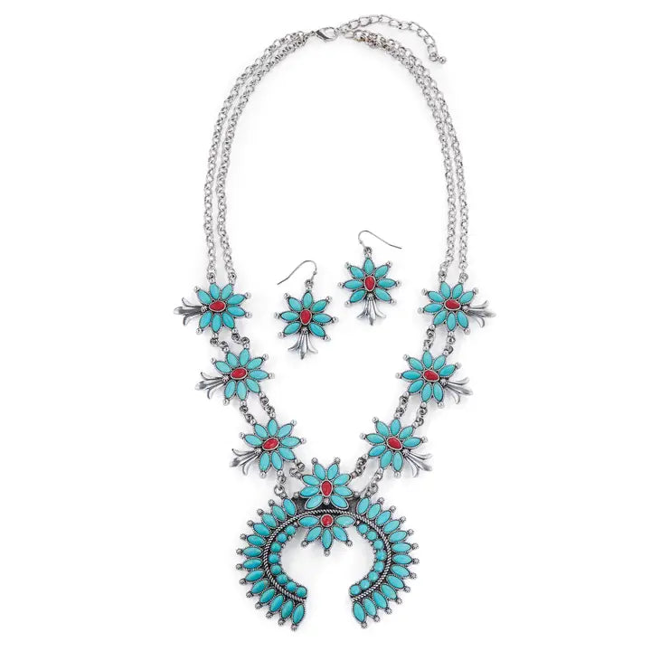 Blue Turquoise & Red Accent Squash Blossom Necklace & Earrings Set