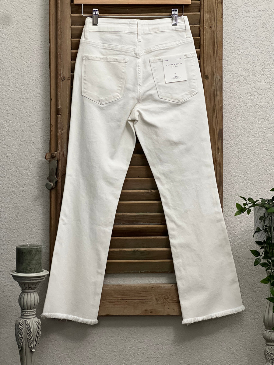 Rockstar High Rise Crop Flare White Denim Jean