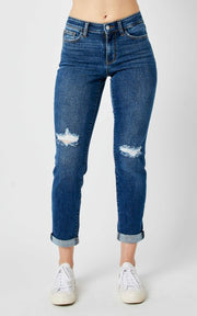 Foolin' Mid Rise Slim Fit Rolled Cuff Ankle Crop Jeans With Destroyed Knees