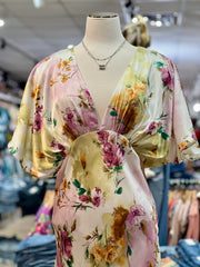 Josie Floral Print Satin Deep V-Neck Empire Waist Midi Dress