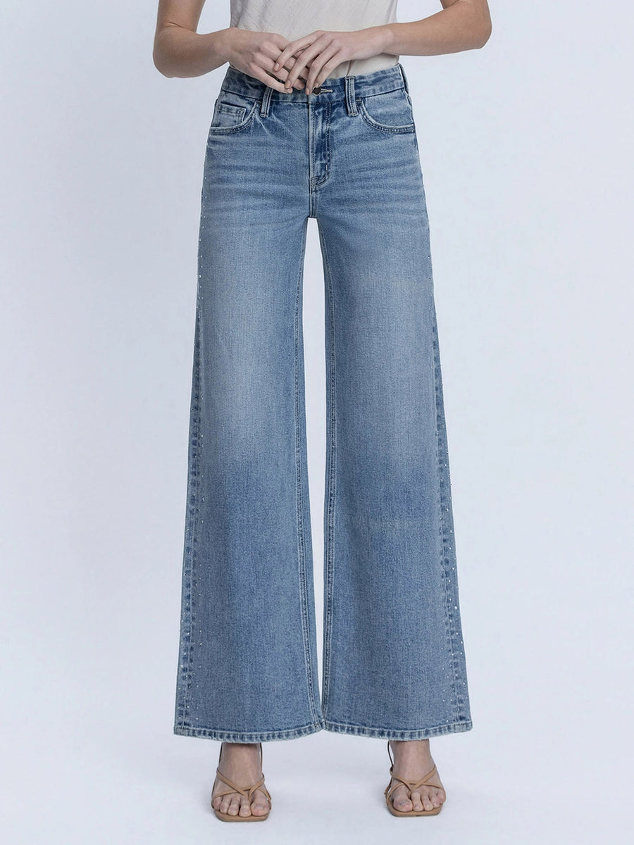 Celebrity High Rise Wide Leg Rhinestone Embellished Jeans