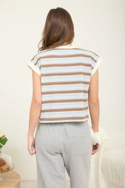 Tami Round Neck Stripe Pattern Cap-Sleeve Top