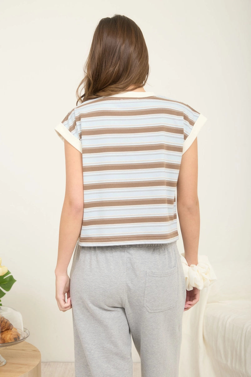 Tami Round Neck Stripe Pattern Cap-Sleeve Top
