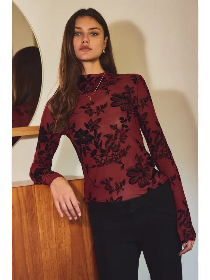 Flocked Floral Burnout Velvet Floral Mesh Mock Neck Fitted Long Sleeve Top