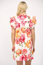 Grandiflora Roses Pintuck Ruffle Sleeve Mini Dress