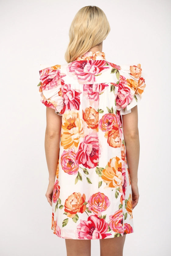 Grandiflora Roses Pintuck Ruffle Sleeve Mini Dress