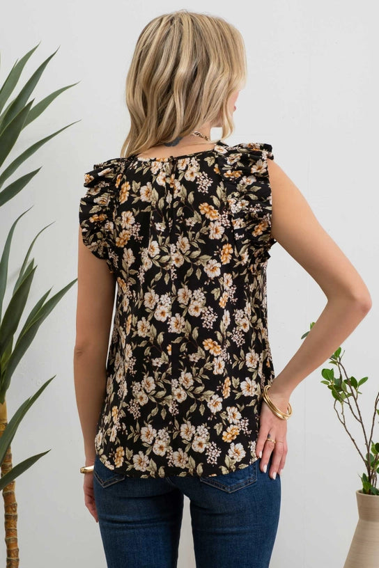 Christy Sleeveless Ruffle Trim Floral Print Satin Blouse