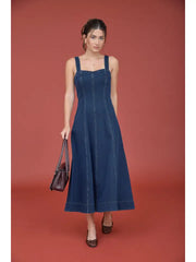 Delina Sweetheart Neckline Fitted Denim Midi Dress