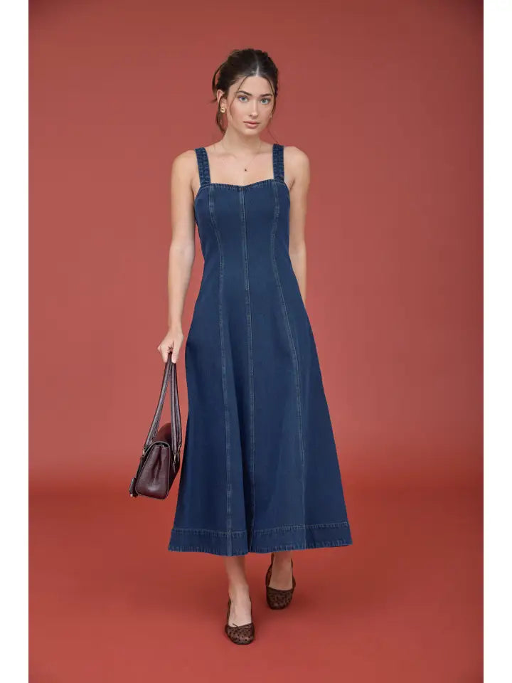 Delina Sweetheart Neckline Fitted Denim Midi Dress
