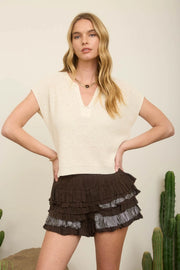 Alana Split Neck Cap Sleeve Ribbon Knit Pullover