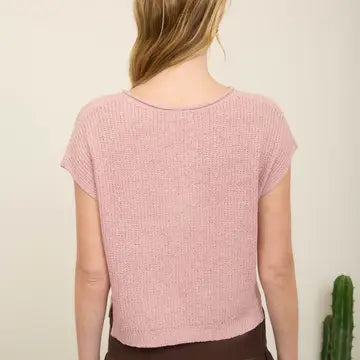 Alana Split Neck Cap Sleeve Ribbon Knit Pullover