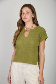 Alana Split Neck Cap Sleeve Ribbon Knit Pullover