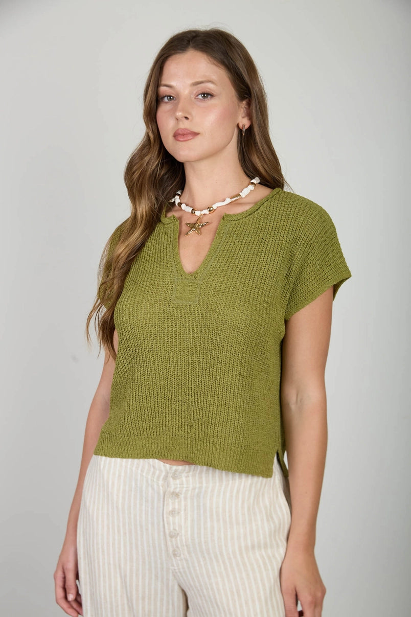 Alana Split Neck Cap Sleeve Ribbon Knit Pullover