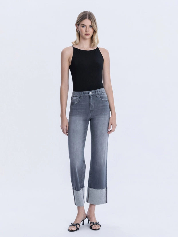 Pokerface High Rise Dark Grey Cuffed Slim Wide Jeans