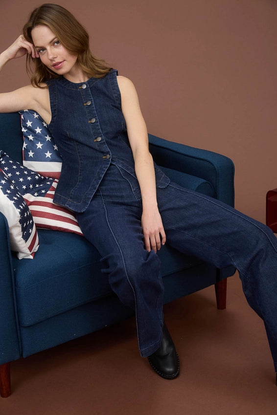 Bree High Waist Pintuck Seam Wide Leg Denim Pants