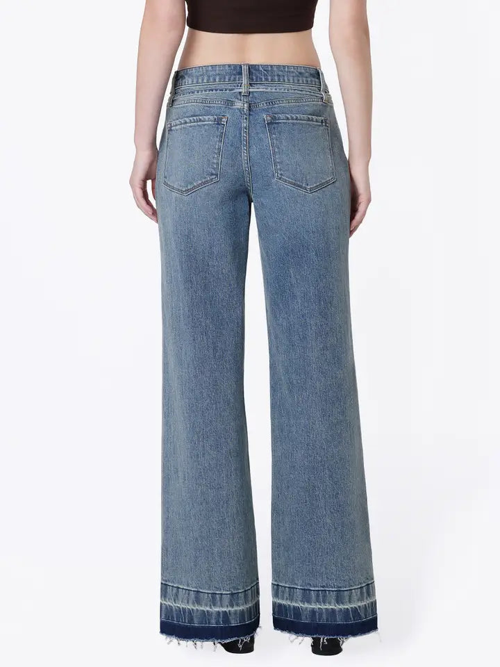 Mama Tried Mid Rise Tie-Waist Paneled Wide Leg Undone Hem Denim Jeans
