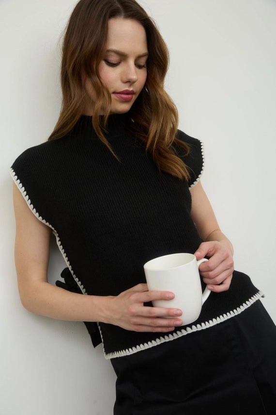 Yvette Side Tie Sleeveless Mock Neck Poncho Sweater