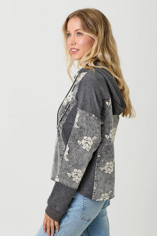 Jessamine Flower Embroidery Hoodie Corduroy Jacket