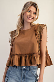 Brenna Side Lace Trim Ruffle Hem Top
