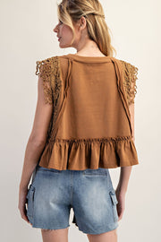 Brenna Side Lace Trim Ruffle Hem Top