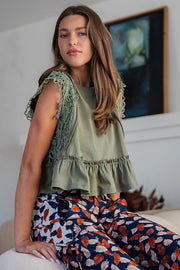 Brenna Side Lace Trim Ruffle Hem Top