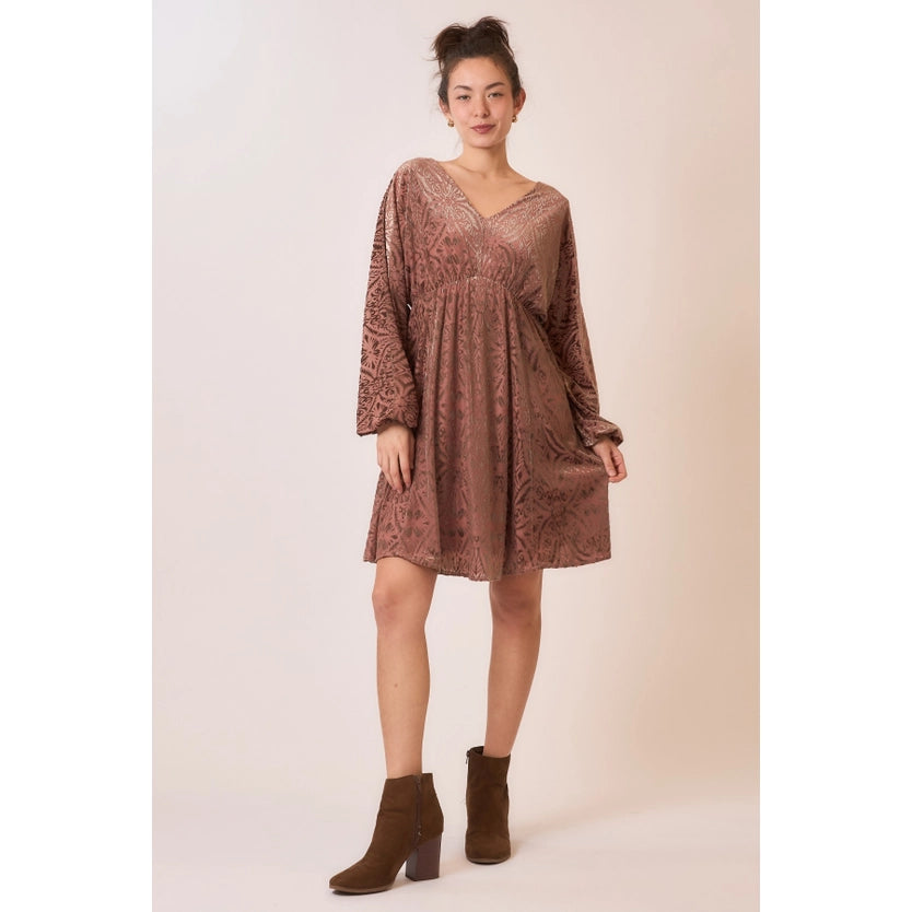 Dutchess Damask Pattern Burnout Velvet Long Sleeve Mini Dress