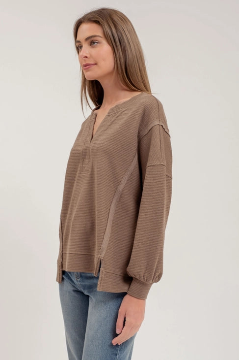 Truvy Split Neck Exposed Seam Long Sleeve Sweater Knit Top