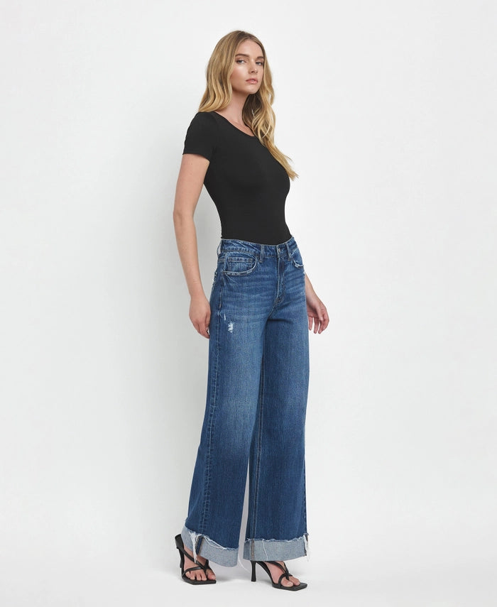 Steel Horse Super High Rise Baggy Wide Leg Jeans with Frayed Cuffs