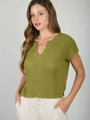 Alana Split Neck Cap Sleeve Ribbon Knit Pullover