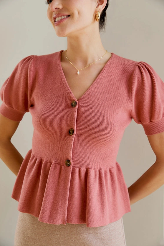 Aria V-Neck Button Front Peplum Sweater Knit Top