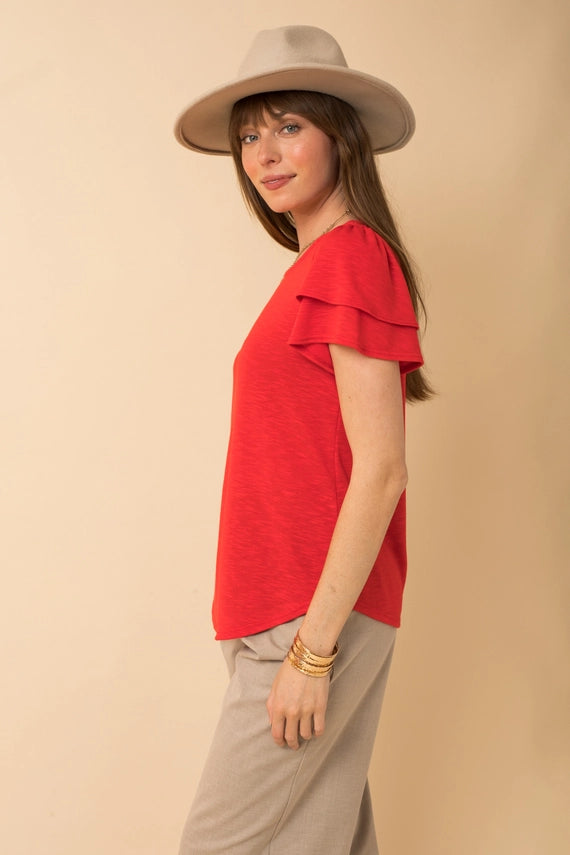 Celia Double Ruffle Short Sleeve Crew Neck Top