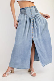 Laramie Mineral Washed Denim Front Slit Maxi Skirt