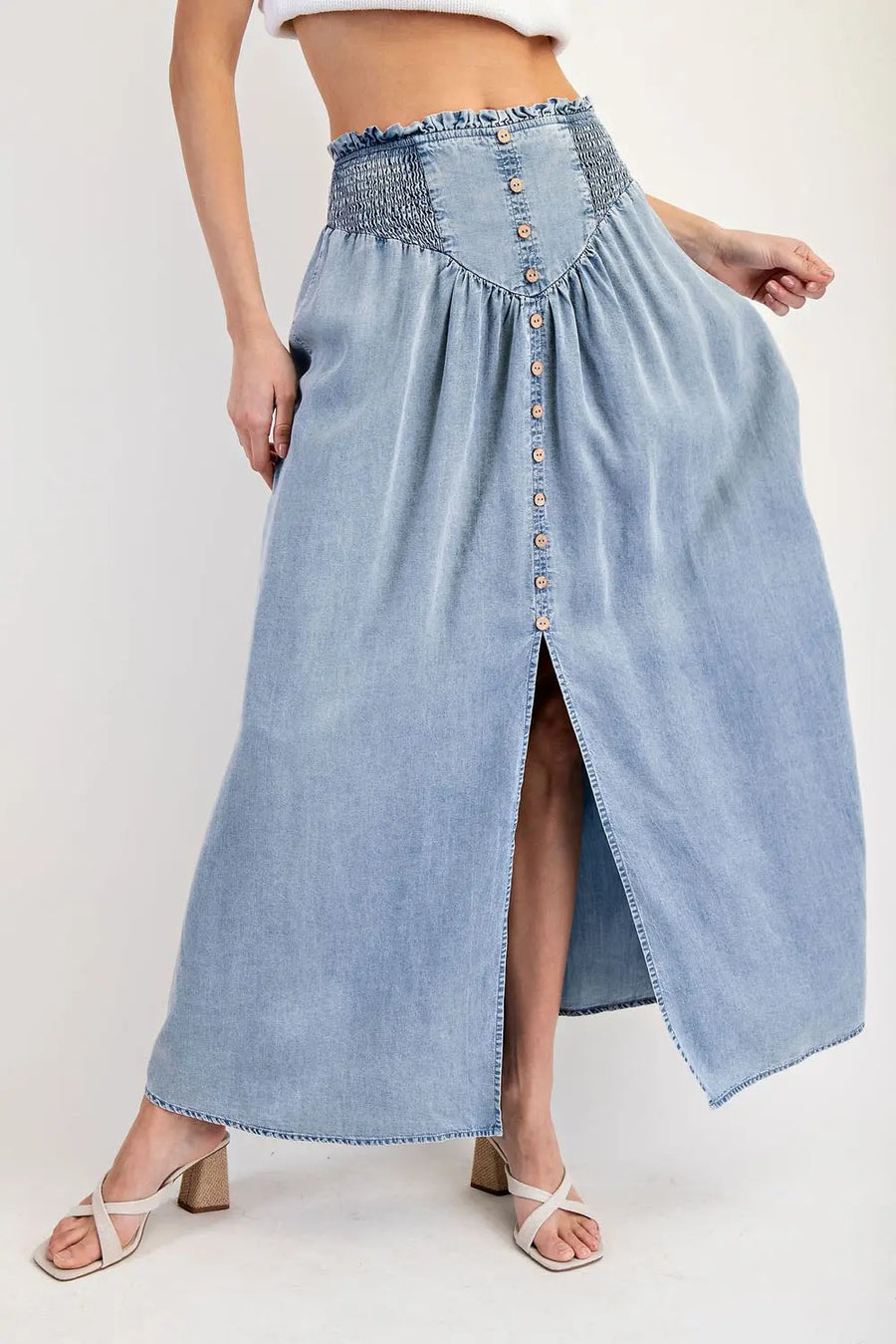 Laramie Mineral Washed Denim Front Slit Maxi Skirt