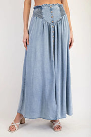 Laramie Mineral Washed Denim Front Slit Maxi Skirt