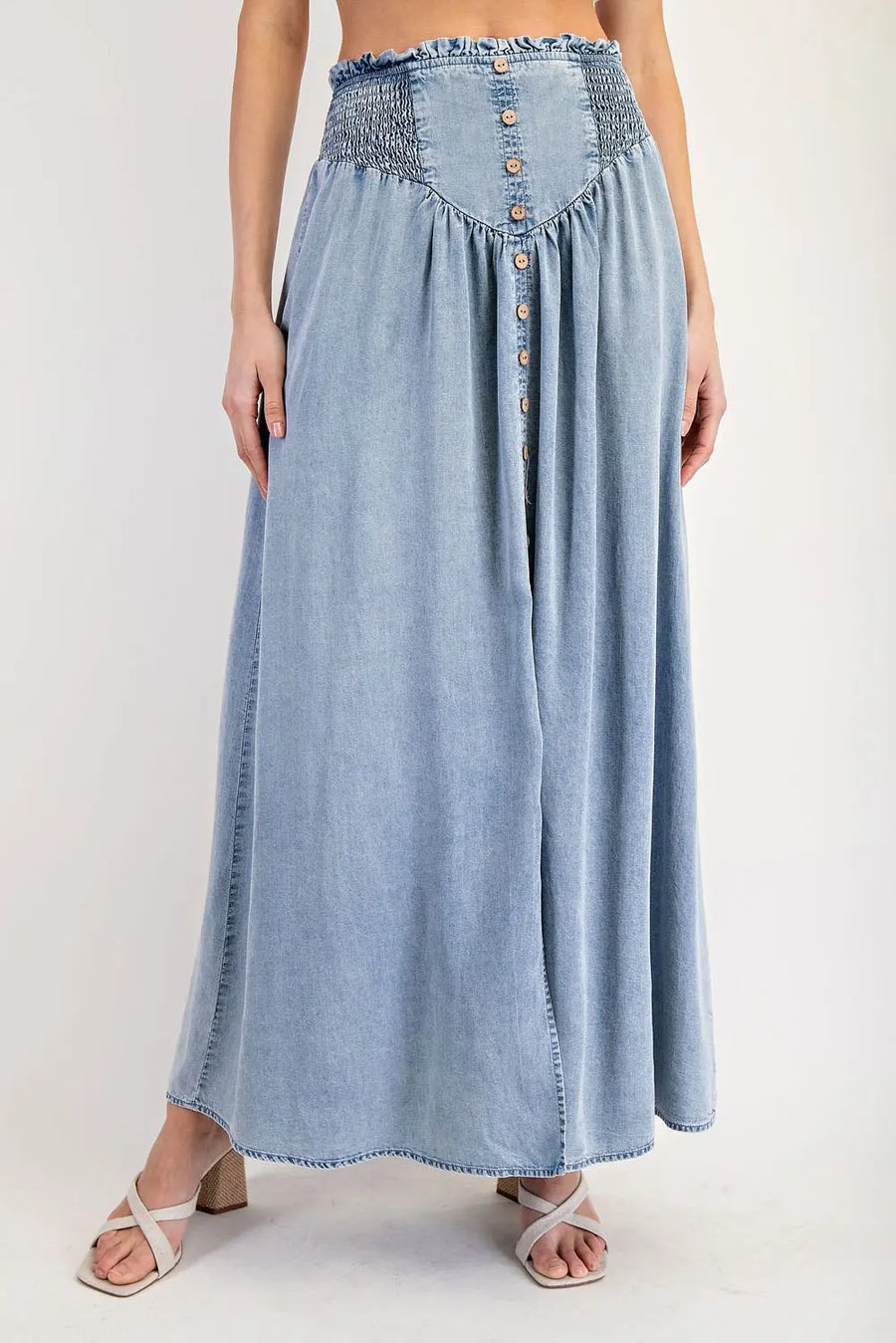 Laramie Mineral Washed Denim Front Slit Maxi Skirt
