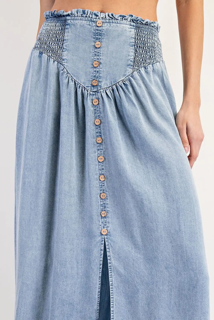 Laramie Mineral Washed Denim Front Slit Maxi Skirt