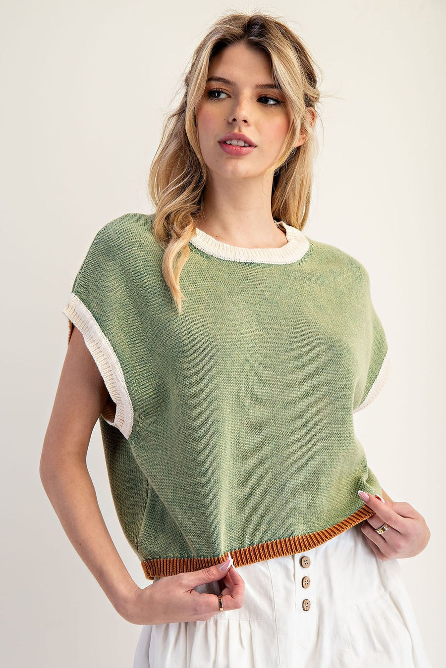 Murano Tri-Color Mineral Washed Extended Cap Sleeve Sweater Top