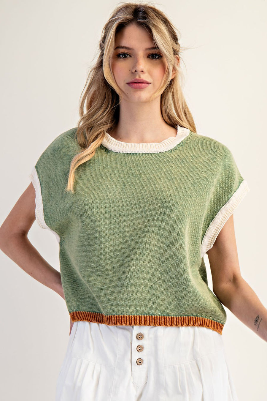Murano Tri-Color Mineral Washed Extended Cap Sleeve Sweater Top